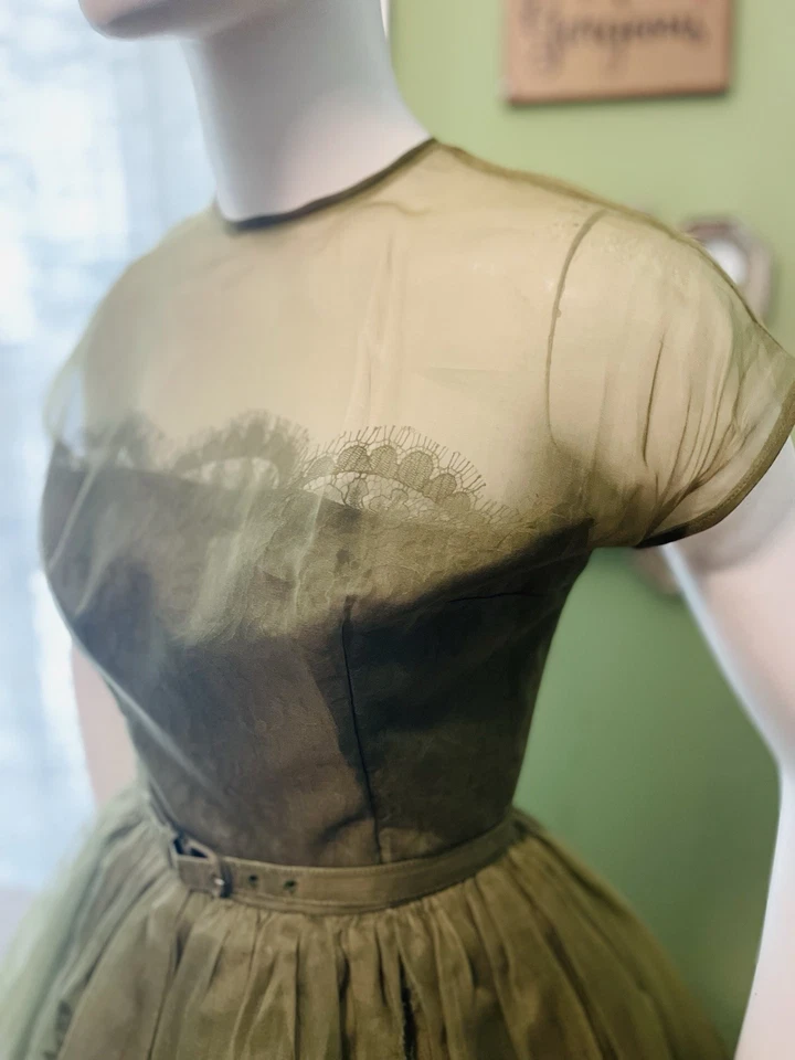 Vintage 50s Designer Chiffon Red Carpet Party Dress ~ Illusion Sheer Top M - Image 1 of 4