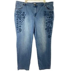 LOGO Lori Goldstein Womens Jeans Size 24W Denim Blue Embroidered Front Legs Boho - Picture 1 of 14