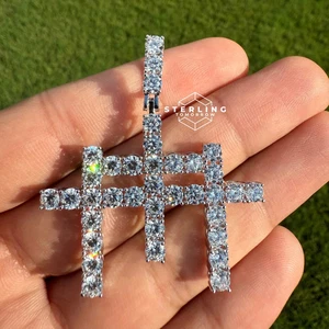 Triple Cross Iced Out Pendant 14K White Gold Finish Charm Free Steel Cuban Chain - Picture 1 of 6
