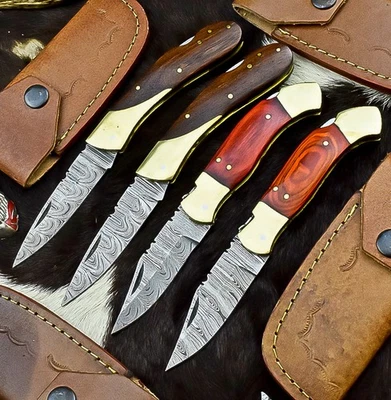 Lot of 4 PC DAMASCUS STEEL POCKET FOLDING KNIVES, POCKET KNIVFES W/SHEATH Z-2066 - Image 1 of 4