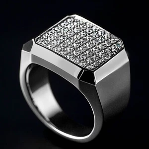 Massiver Herrenring 3 kt Rundschliff Simuliert Diamant Pave Set in 14 Karat Weißgold plattiert - Bild 1 von 6