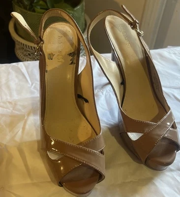 Nine West Womens Shoes Heels Patent Leather Slingbacks Peep Toe Beige Sz 10 - Image 1 of 4