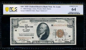 AC 1929 $10 FRBN Saint Louis PCGS 64 Fr 1860-H uncirculated - Picture 1 of 2