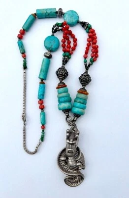 Vintage Sterling Silver Dragon Necklace 26" With Turquoise, Coral Beads 26" - Image 1 of 4