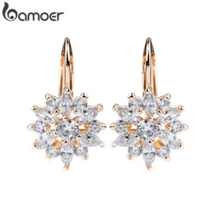 Luxury Gold Color Flower Stud Earrings with Zircon Stone Women Birthday Gift - Picture 1 of 9