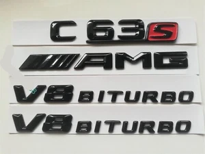GLOSS BLACK FOR MB C CLASS C63S AM-G V8 BITURBO W205 C205 BADGES EMBLEMS - Picture 1 of 4