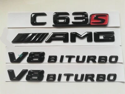 GLOSS BLACK FOR MB C CLASS C63S AM-G V8 BITURBO W205 C205 BADGES EMBLEMS - Image 1 of 4