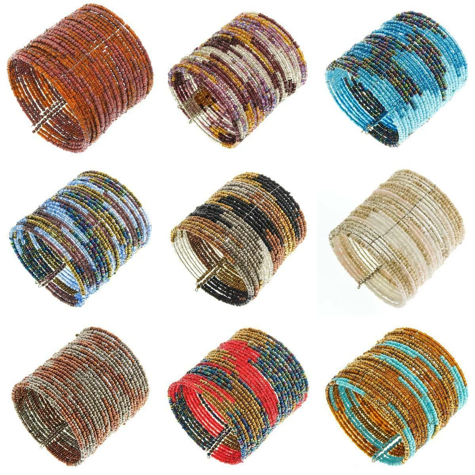 7" Bohemian Handmade Beaded Memory Wire Cuff Bangle Bracelet, 9 Color Styles - Image 1 of 1