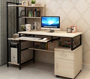 Prime Large Computer Desk Workstation Shelves, Cabinet & Lockable Drawer Cream - Picture 1 of 3