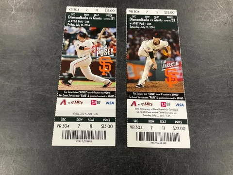GIANTS 2014 TICKET STUB 7/11/14-7/12/14 vs DIAMONDBACKS Cover