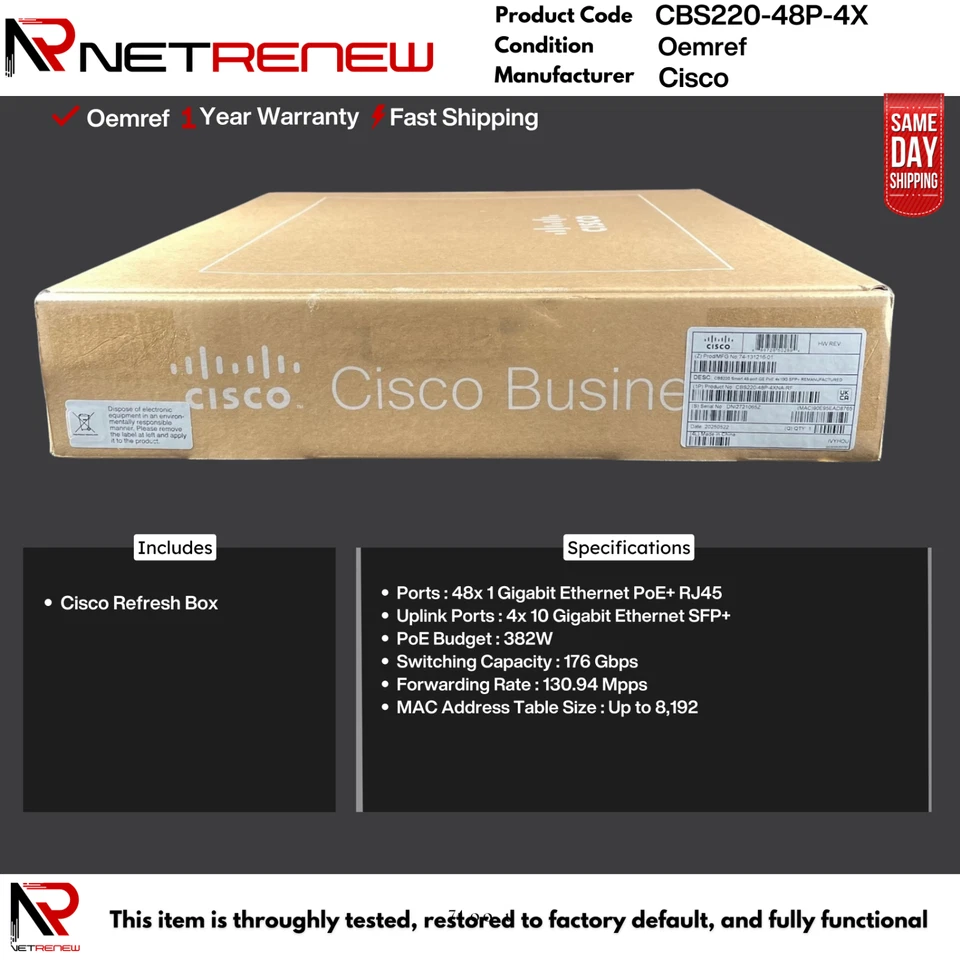 Cisco Refresh CBS220-48P-4X  Ethernet Switch  - 48 Ports PoE+ - Image 1 of 1