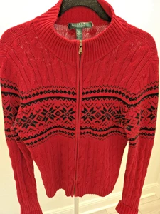 Cárdigan de vacaciones Ralph Lauren PL Fair Isle rojo tejido con cable cremallera completa - Imagen 1 de 10