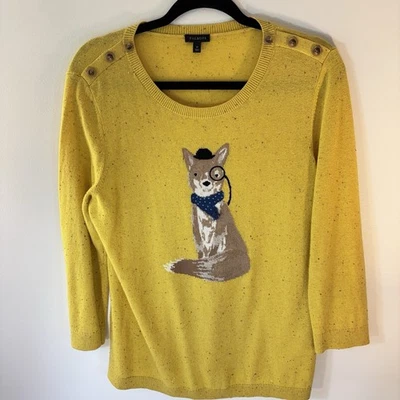Talbots Mustard Yellow Gentleman Fox Sweater Novelty Knit Size Medium Lightweigh - Image 1 of 4