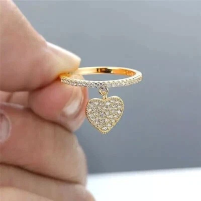 Round Cut Simulated Diamond Stunning Dangle Heart Ring In 14k Yellow Gold Plated - Image 1 of 4