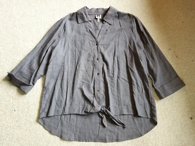 Womens Blouse-ANNE KLEIN-grey linen blend button-down w/hem tie 3/4 sleeve-L - Image 1 of 4