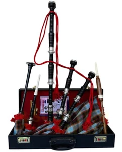 Highland Rosewood Bagpipe For Sale Black Finish With Clan Michigan Tartan Cover - Picture 1 of 5