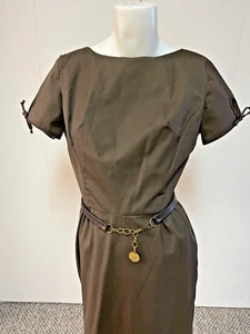 Excellent Vintage 1950s Chocolate Chain Belt Wiggle Bombshell Dress B 36 - Picture 1 of 15