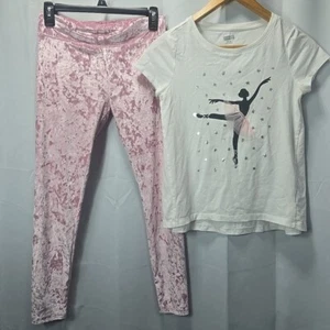 Justice Girls XL 14 2pc Outfit Ballerina Tee Pink Sparkly Velvet Leggings - Picture 1 of 11