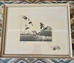Vintage 1938 Dry Point Art Print By Artist Richard E. Bishop “Fall Ducks” Flying - Picture 1 of 14