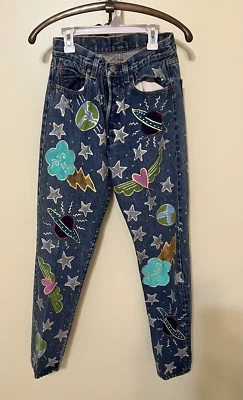 RARO ~ Pantalones de mezclilla vintage de los 80 Levi's 501 Leslie Hamel pintados a mano para mujer ~ 30" X 34" Foto 1 de 4