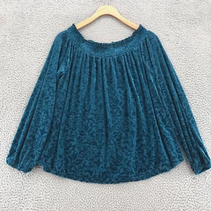 LOFT Top Womens Small Blue Floral Velour Off Shoulder Smocked Ruffle Pleat NWT - Picture 1 of 10