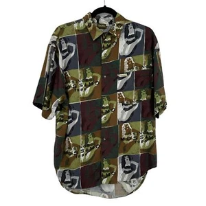 Vintage Mossimo Button Up Short Sleeve Shirt S Cotton Rayon Collared Girl Print - Picture 1 of 15