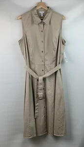 Charter Club Shirt Midi Dress Tan Collared Buttons Sleeveless Belt Size 16 NEW - Picture 1 of 9