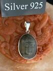 Solid Silver  Carved Green Stone Budda Head Pendant And Chain