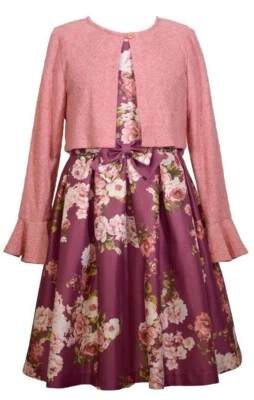 Nuevo con etiquetas Conjunto de Vestido Floral Bonnie Jean Niñas 3T Borgoña Manga Larga Campana Foto 1 de 2