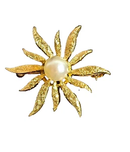 Gorgeous 14K Yellow Gold & Pearl Florentine Finish Star Sunburst Pin Brooch 5.1G - Picture 1 of 12