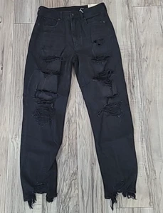 Neu mit Etikett - American Eagle STRIGID schwarze MOM hoch geschnittene Destroyed Jeans Gr. 6/28W - Bild 1 von 5