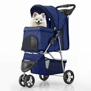 3 Wheels Pet Stroller, Foldable Dog Cat Cage Jogger Stroller with Weather Cover - Picture 1 of 12