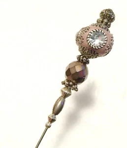 HUTNADEL mit ROSA indonesischen Keramik Bali Perlen & Strass - Silber Finish - 8 Zoll - Bild 1 von 8