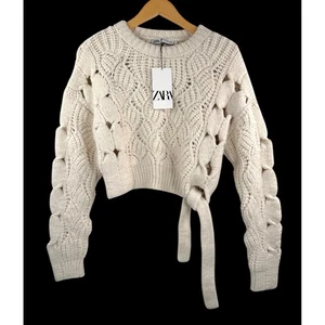 Suéter Zara Tejido Cable Corbata Crema Tejido Abierto Recortado Boho Chic Y2K Talla S - Imagen 1 de 5