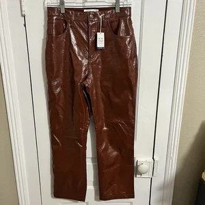 Abercrombie & Fitch 90s Straight Vegan Leather Pants Brown 27 Extra Short 4 XS - Picture 1 of 8