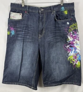 Vintage Ecko Unltd Baggy Jean Shorts 40 X 15” Embroidered Paint Dark Y2K Loose - Picture 1 of 12