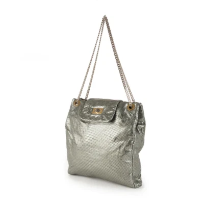 Authentic CHANEL Handbag Metallic Crackle Green Calfskin Perforated Drill Bag. - Image 1 of 4