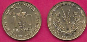 WESTAFRIKANISCHE STAATEN 10 FRANKEN 1971 UNC GAZELLE KOPFVERKLEIDUNG, TAKU-ASHANTI GOLD WEI - Bild 1 von 1