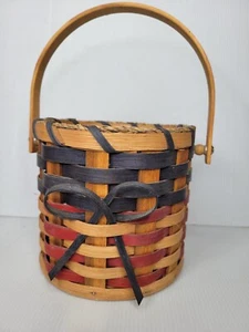 Apple Basket Handmade Red Blue Wood Bottom Handle Farmhouse Apple Creek Ohio - Picture 1 of 10