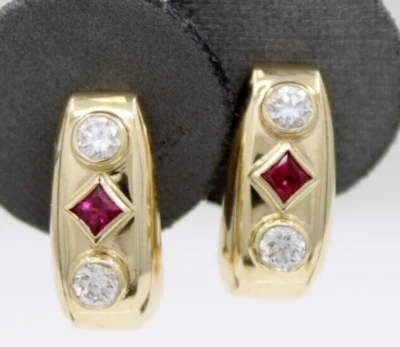 14k Yellow Gold 1.3 TCW Natural Ruby & Diamond Hoop Omega Back Earrings 10.2g - Image 1 of 4