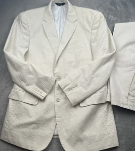 Jos A Bank Seersucker Suit Beige & White Stripes Men Sz 42R Jacket Pants 34 x 27 - Picture 1 of 24