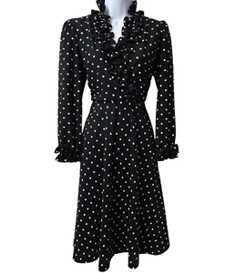 Vintage 70s Fit Flare Dress 8 8P Ruffles Polka Dot Black Polyester Lady Carol - Picture 1 of 13