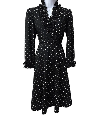Vestido Acampanado Vintage Años 70 8P Volantes Lunares Negro Poliéster Dama Carol Foto 1 de 4