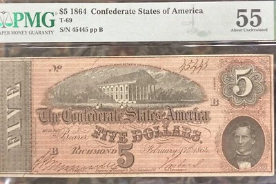 2 Consecutive # Notes $5 1864 PMG AU50 & AU55 Confederate States Of America! - Image 1 of 4