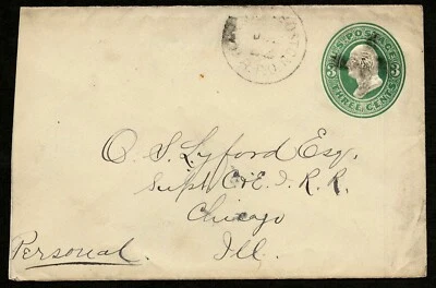 US 1874 #U163 Fancy Cancel Cross Boston RPO to Chicago Stamped Envelope Cover - Image 1 of 3