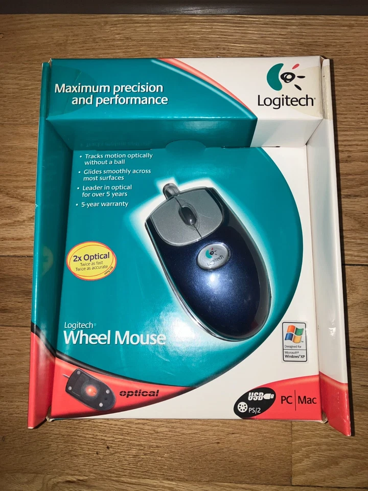NEW IN BOX Vintage Logitech M-BJ58 Wheel Mouse Optical (Blue) Wired PS/2 & USB - Image 1 of 1