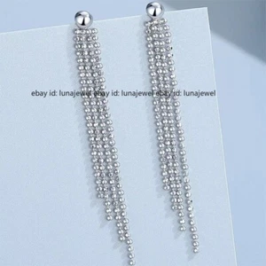 Pure Platinum 950 Stud Women Beads Link Chain Tassel Dangle Earrings 3.8-4g - Picture 1 of 7