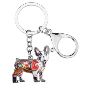 Enamel Alloy Floral French Bulldog Keychains Key Ring Jewelry Pets Charms Gifts - Picture 1 of 11