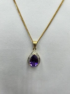 9ct yellow gold pendant necklace purple topaz & illustion set 4 small diamonds - Picture 1 of 12