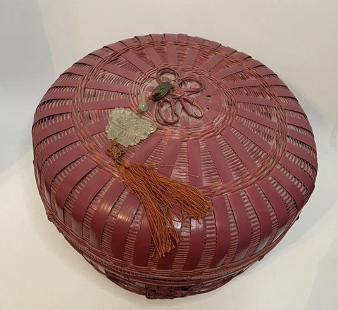 Vintage Asian Storage Basket with Lid and Tassel Red Cover